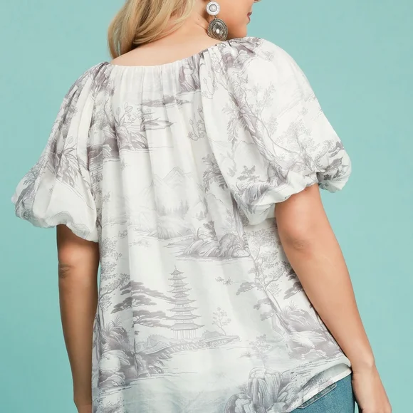Umgee Cream And Grey Toile Print Puff Sleeve Top - Picture 4 of 7